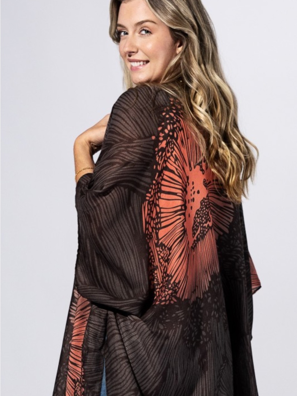 Black Floral Stripe Sheer Kimono One Size, NWT
